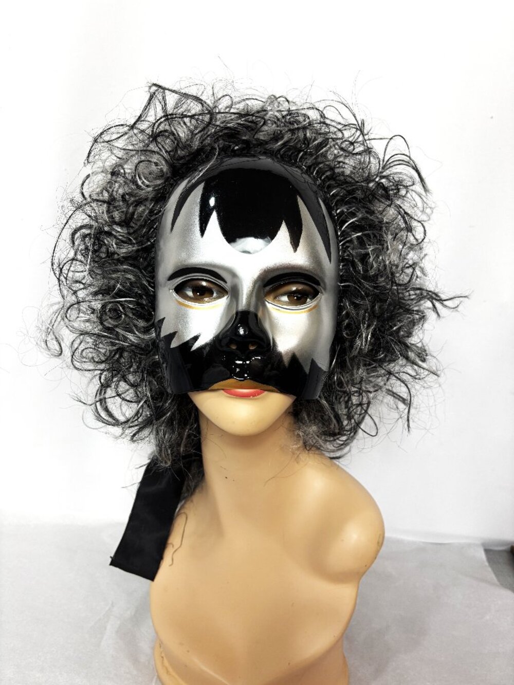 Rare VTG  90's Cesar Group Halloween Carnival Blk Silver Mask W/wig NWT NOS